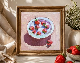 Strawberry Oil Painting, Small Impasto Still Life, Textured Kitchen Wall Art, Original Fruit Painting by TatianKoArt