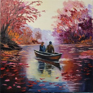Boat painting Oil Painting 8x8 Landscape Lake Wall Art forest fall artwork Impasto painting Nature Art autumn trees in the park Gift for him