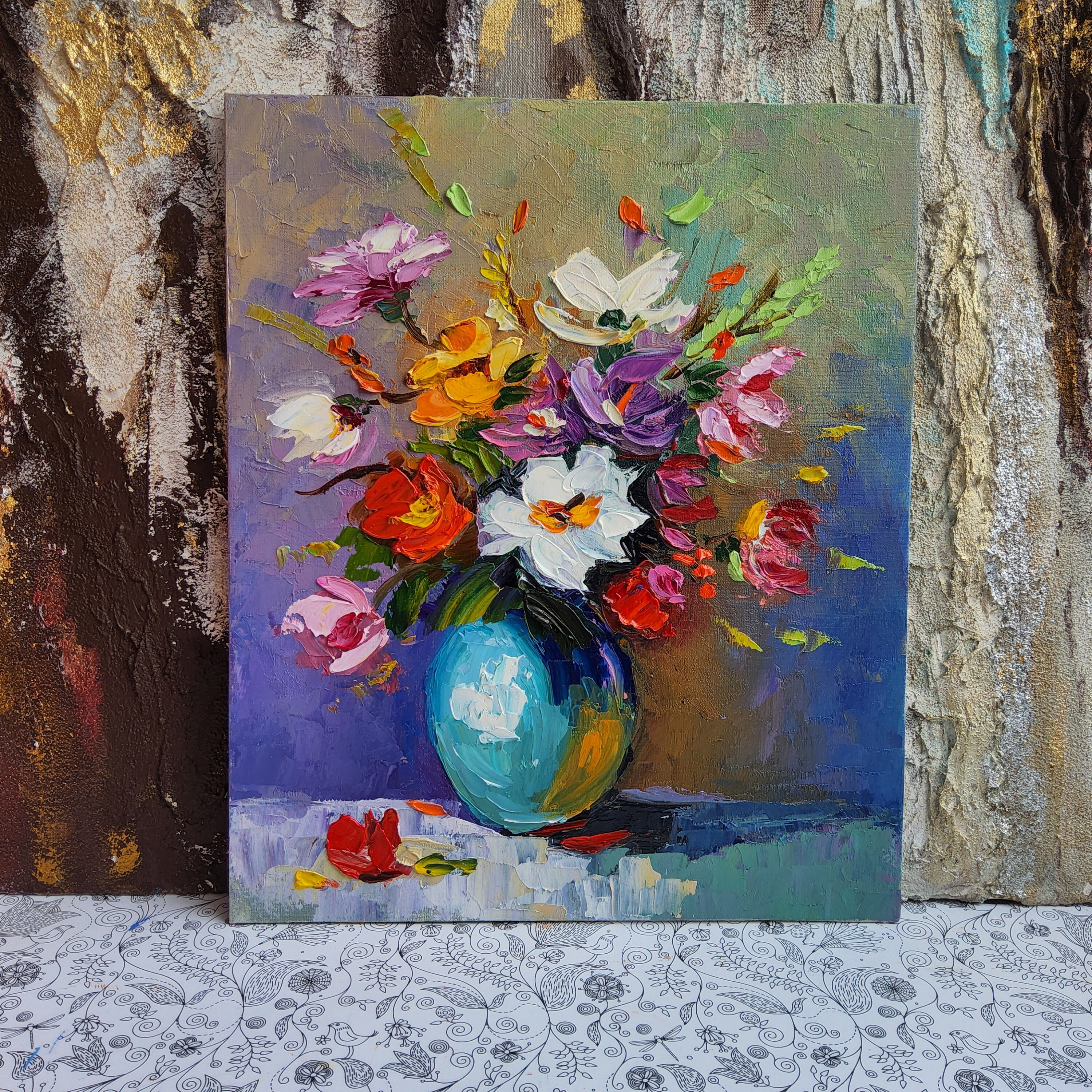 絵画 Oil painting of beautiful flowers. FLOWER BOUQUET CHRYSANTHEMUM DAISY BABY BREATH 24