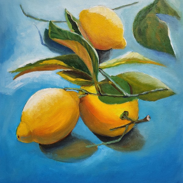 Lemons painting Original oil painting 8x8 still life fruit on canvas Fruit painting Kitchen Painting Wall art Small painting TatianKoArt