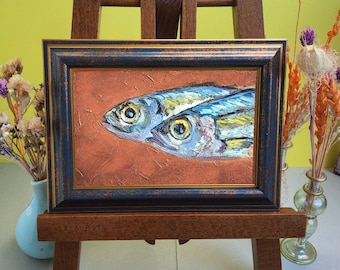 Sardine Oil Painting Original Fish Art, Coastal Kitchen Decor, Small Impasto Still Life, Textured Seafood Painting by TatianKoArt