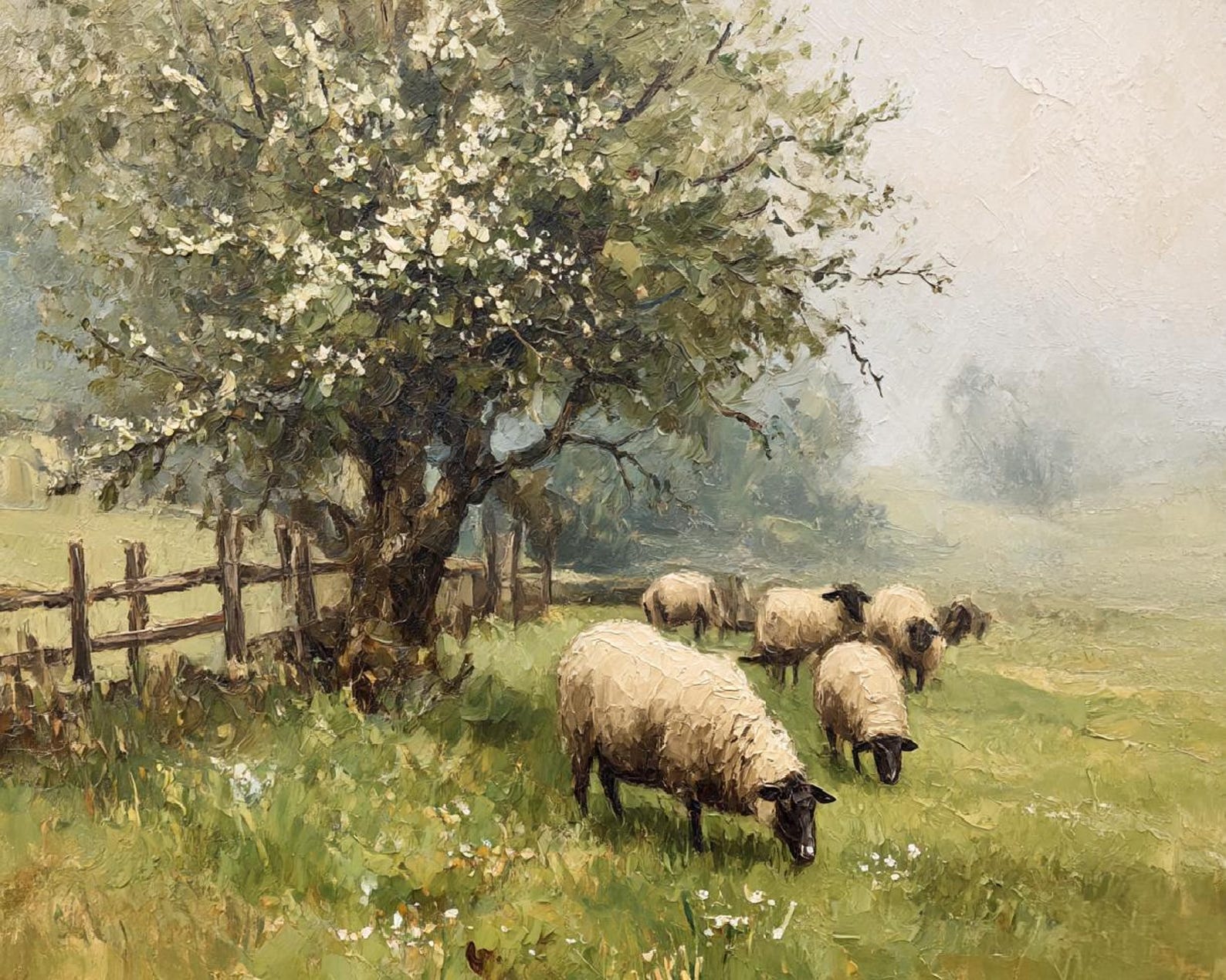 Sheep in Spring Meadow Oil Painting, Pastoral Countryside Landscape ...