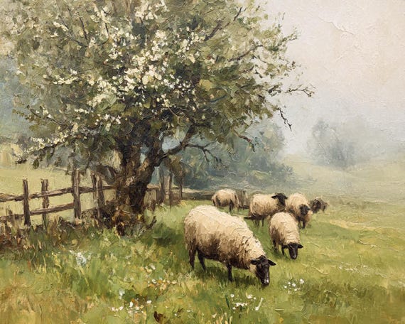 Sheep in Spring Meadow Oil Painting, Pastoral Countryside Landscape with Tree and Fence, Textured Farm Wall Art by TatianKoArt