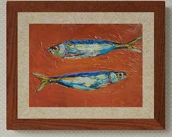 Peinture à l'huile originale de sardines 5 x 7 Art de sardines art de poisson Nature morte de sardines peinture à l'huile miniature art de cuisine de campagne française par TatianKoArt