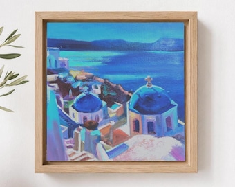 Santorini Oil Painting, Greek Island Wall Art, Mediterranean Seascape, Small Greece Landscape, Blue White Coastal Decor