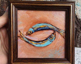 Sardine art original painting 4x4 miniature art Small still life oil painting fish wall art Food Seafood impasto artwork country kitchen art