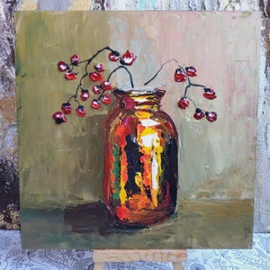 Brass golden vase Oil Painting 8x8 Impasto painting modern art painting Red berries Gift Home decor Bouquet in a golden vase by TatianKoArt