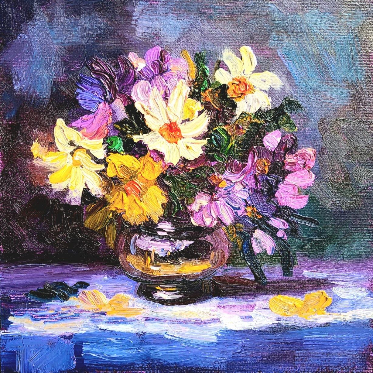 Petunia Oil Painting: Purple & Yellow Floral Still Life, Impasto