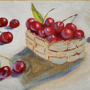 Cherry Oil Painting: Small Fruit Still Life, Kitchen Decor (8x10)