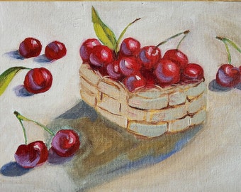 Cherry painting Fruit original art Still life For her Kitchen home decor Small painting 8x10 Mother's Day art gift