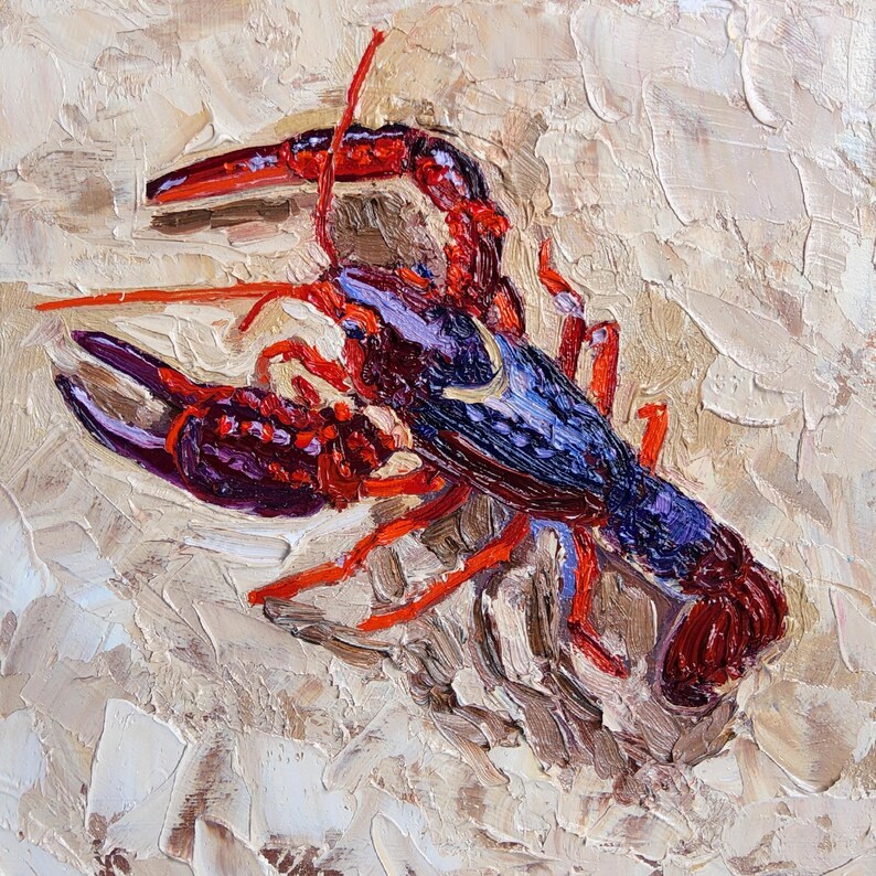 May include: Oil painting of a lobster with a red body, purple claws, and a blue shell. The lobster is set against a textured, off-white background. The artwork is a close-up view.