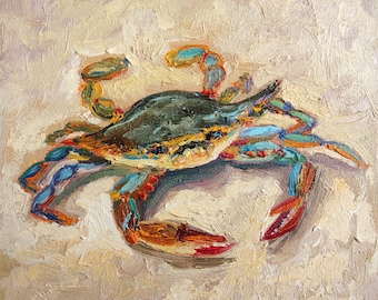 Blue Crab on Sand Oil Painting | Coastal Wall Art | Original Impasto Sea Life Artwork by TatianKoArt
