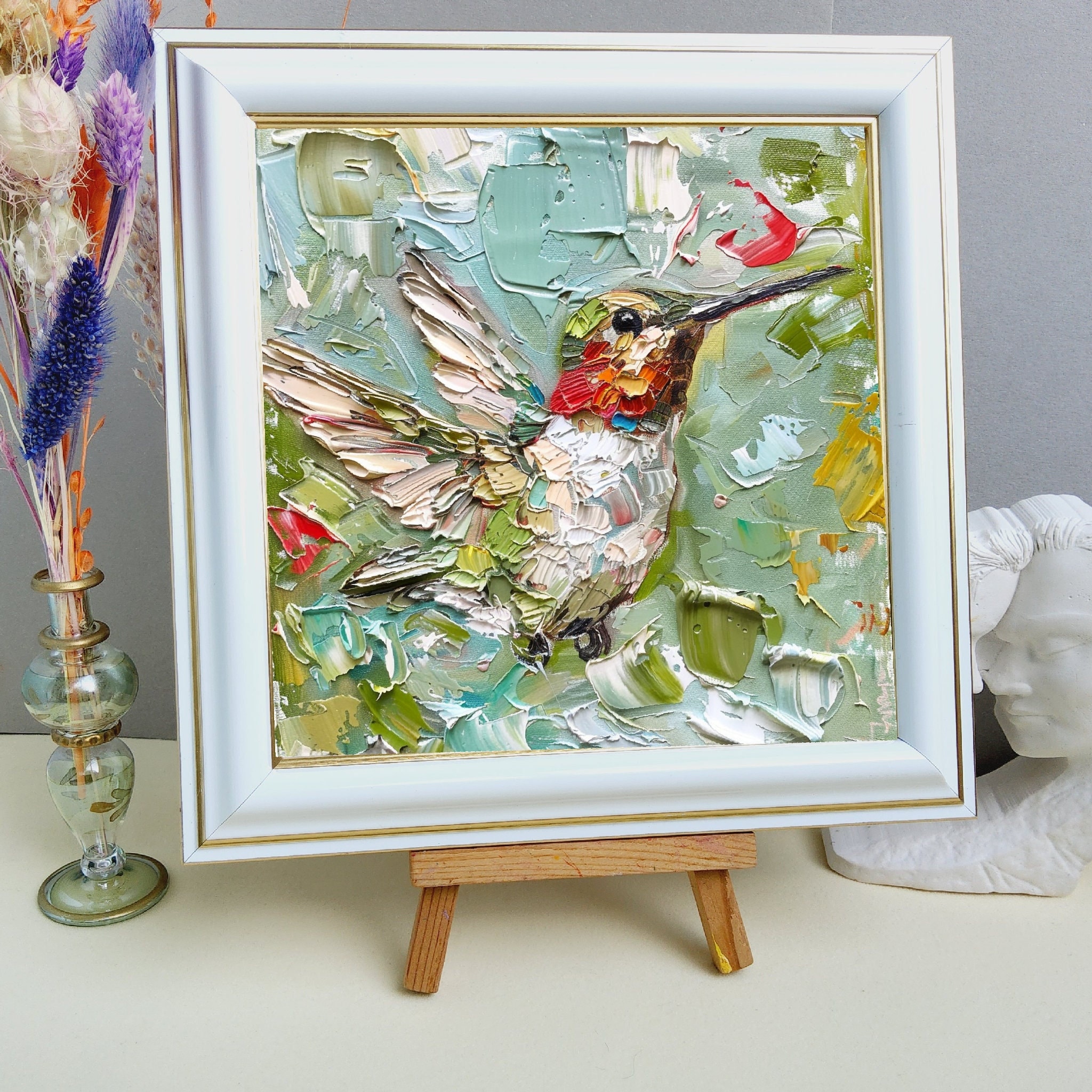 Hummingbird Painting Animal Original Art Birds Impasto Oil art Gift for bird lovers by TatianKoArt