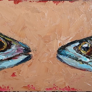 Sardine oil original painting 4x6 Two fish heads art Food Seafood still life Small impasto painting Underwater Artwork kitchen Wall Decor