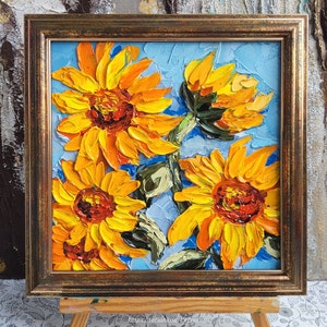 Ölgemälde Sonnenblume 20x20, abstrakte Kunst 20x20 Ölgemälde Sonnenblumen Geschenk Idee Geschenk Idee by TatianKoArt