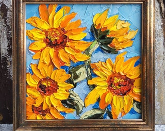 Sunflower Oil Painting Original Art 8x8 impasto art home decor sunflower for Ukraine wall decor Mother’s Day gift idea by TatianKoArt