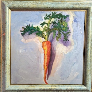 Pintura de zanahoria 6x6 arte en miniatura Pequeña naturaleza muerta pintura al óleo decoración de cocina de granja vegetal Regalo para ama de casa Pintura verde