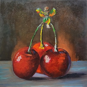 Cherry painting Fruit original art Oil still life fruit on canvas Small painting  8x8 inches TatianKoArt