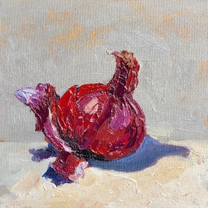Onion Painting Impasto Abstract Artwork Kitchen Original vegetable oil Art Still Life Painting 6x6 Bright food art by TatianKoArt