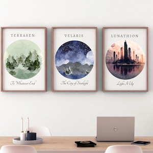 Sarah J Maas set of 3 instant digital download watercolor art prints, ACOTAR, Crescent City, Throne of Glass printable wall art