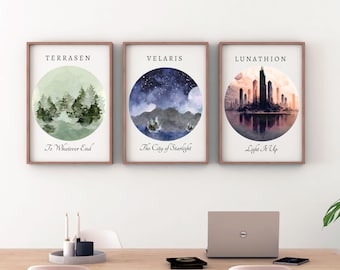 Sarah J Maas set of 3 instant digital download watercolor art prints, ACOTAR, Crescent City, Throne of Glass printable wall art