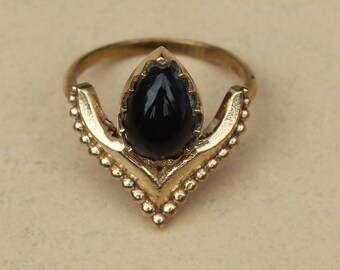Black Obsidian in V Chevron Brass Ring, Women Rings, Solid Sterling Silver Ring/ Geometric Ring, Silver Obsidian ring, boho ring