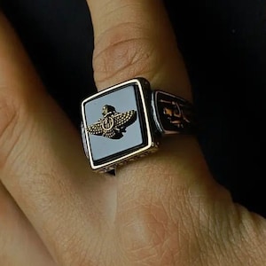 Mens Ring, Black Obsidian Ring, Eagle Signet Ring, Man Ring, Mens Silver Ring, For Him Gift, Sterling Silver Ring, Obsidian Ring Men