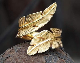 Feather ring Gold Angel Feather Wing Ring, Wrap Around ring, Gold Jewelry, 925 Silver ring, Birthday Gift for her, stackable Rings