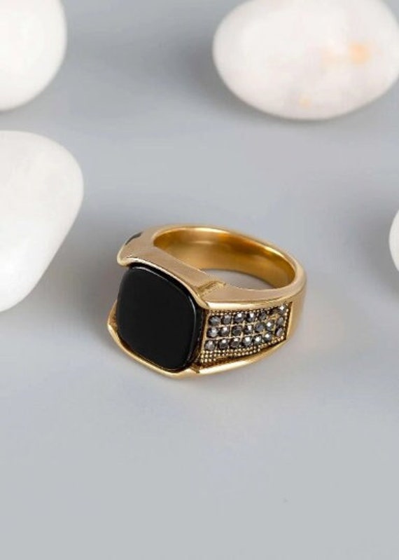 Bague carrée en tourmaline noire, chevalière, bague pour lui
