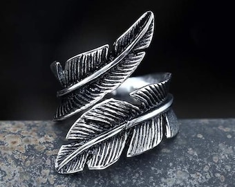 Silver Feather ring Leaf ring, Wrap Around ring, Feather ring, Boho ring. Sterling Silver Feather Rings, Gift for Her, Bohemian Ring