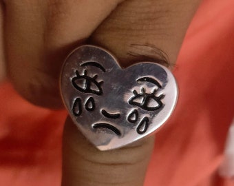 Crying Sad face ring, Cool Face ring, Fun Face ring, thanksgiving Gifts/ Silver Signet Rings, Boyfriend Gift, Open Thumb Ring*Woman ring