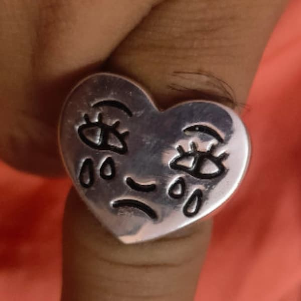 Crying Heart ring, Cool sad face ring, Fun Face ring, thanksgiving Gifts/ Silver Signet Rings, Boyfriend Gift, Open Thumb Ring*Woman ring ,