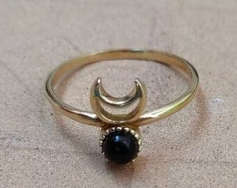Crescent moon ring, Black Tourmaline Stone, Dainty Rings, midi Ring, woman ring, Sterling Silver ring
