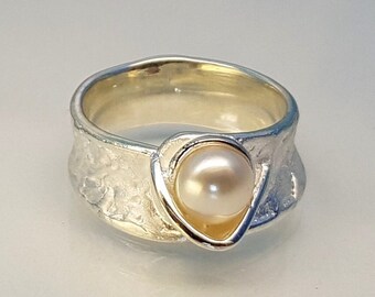 Bague Ancienne En Argent 925 Avec Fausse Perle - Taille Intérieure 1.9 Cm, Occasion