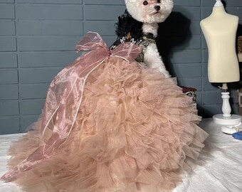 Customize European palace style big tail wedding dress with black gold embroidery pet wedding dress for dogs Teddy, Bichon, Yorkshire