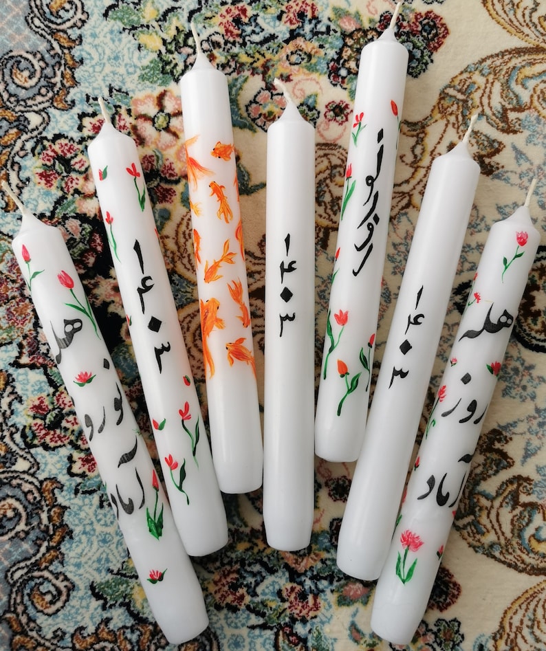 Nowruz Candle/ Hand painted Persian New Year candles. 1403, Flowers, Goldfish, Persian Poetry, Calligraphy. Persian Candles. image 2