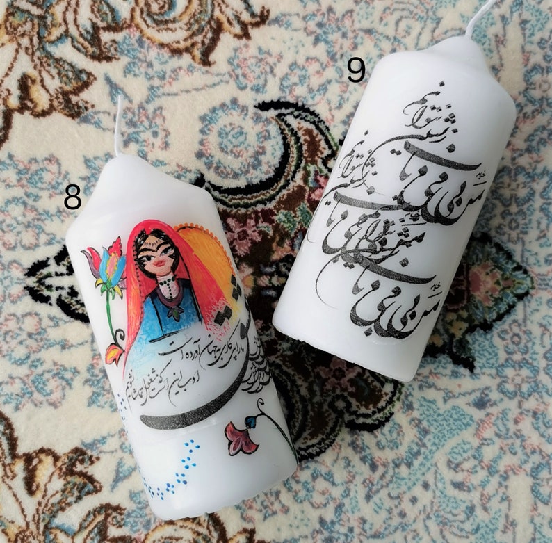 Nowruz Candle/ Hand painted Persian New Year candles. 1403, Flowers, Goldfish, Persian Poetry, Calligraphy. Persian Candles. image 9