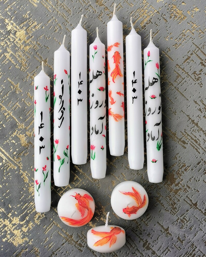 Nowruz Candle/ Hand painted Persian New Year candles. 1403, Flowers, Goldfish, Persian Poetry, Calligraphy. Persian Candles. image 7