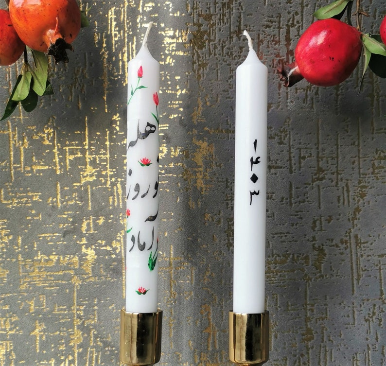 Nowruz Candle/ Hand painted Persian New Year candles. 1403, Flowers, Goldfish, Persian Poetry, Calligraphy. Persian Candles. image 3