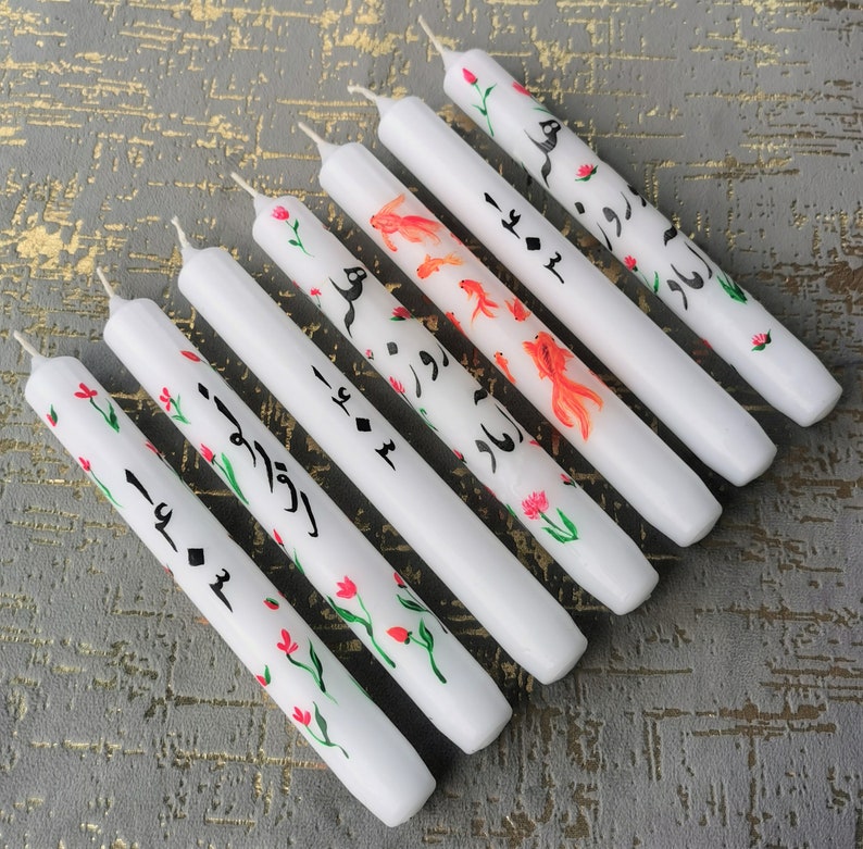 Nowruz Candle/ Hand painted Persian New Year candles. 1403, Flowers, Goldfish, Persian Poetry, Calligraphy. Persian Candles. image 5