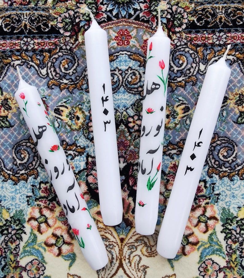 Nowruz Candle/ Hand painted Persian New Year candles. 1403, Flowers, Goldfish, Persian Poetry, Calligraphy. Persian Candles. image 6