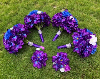 4pcs Bridemaid Galaxy Orchid Bouquets, Purpl Blue, Turquoise Wedding Bouquets, Artificial Silk Orchid Bouquets, Toss Away Bouquet