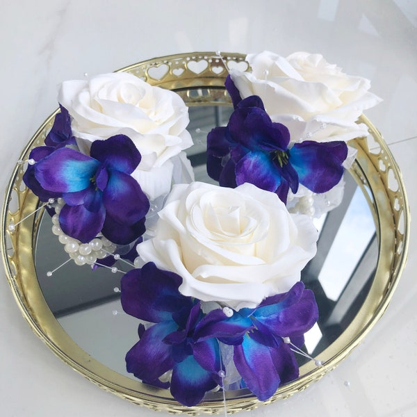 Galaxy Orchid Corsage, Ivory Rose Corsage, Purple Blue, Turquoise Wedding Corsage, Corsage de demoiselle d’honneur