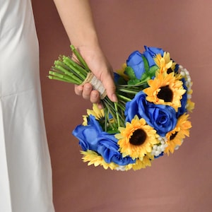 Handmade Sunflower & Royal Blue Rose Wedding Bouquet: Customized Bridal Flowers