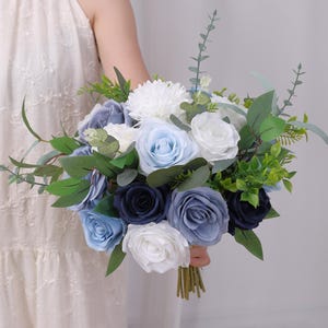 Navy Blue Dusty Blue Bridal Bouquet Eucalyptus Blue Wedding Bouquet Bridesmaid Flowers Light Blue Silk Faux Bridal Bouquet Rustic Wedding+