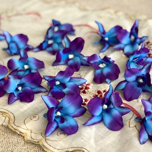 50-100pcs tête d'orchidées Galaxy, orchidée Galaxy bleu violet, tête d'orchidées seulement, orchidée Blue Island, bouquets d'orchidées violet turquoise