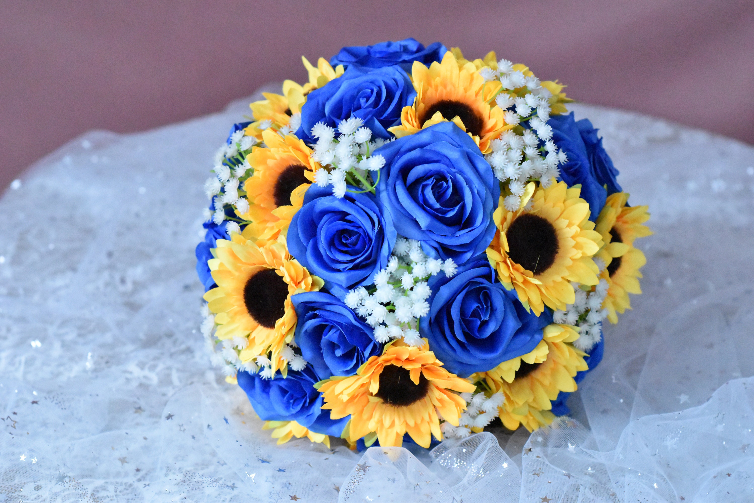 Big Size Blue Color Rose Flower with Cream Flower Bunch Pack Of 2 for festive decoration & wedding