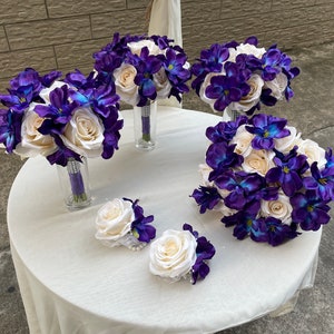 10'' Galaxy Orchid Bouquets Artificial Rose Purple Blue Bouquet Turquoise Wedding Bouquets for Big Day