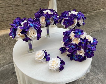 10'' Galaxy Orchid Bouquets Artificial Rose Purple Blue Bouquet Turquoise Wedding Bouquets for Big Day