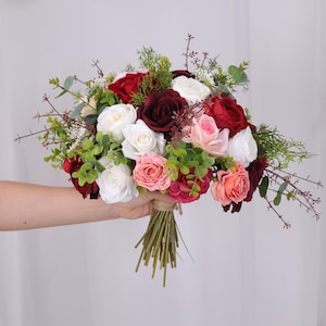Burgundy Bridal Bouquet Blush Ivory Artificial Flowers Rustic Wedding Flowers Fake Flowers Eucalyptus Bouquets Burgundy Rose Flowers